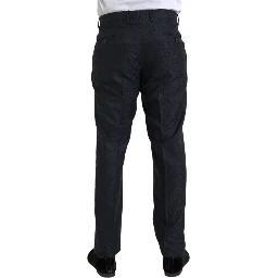 Blue Brocade Wool Skinny Men Dress Pants