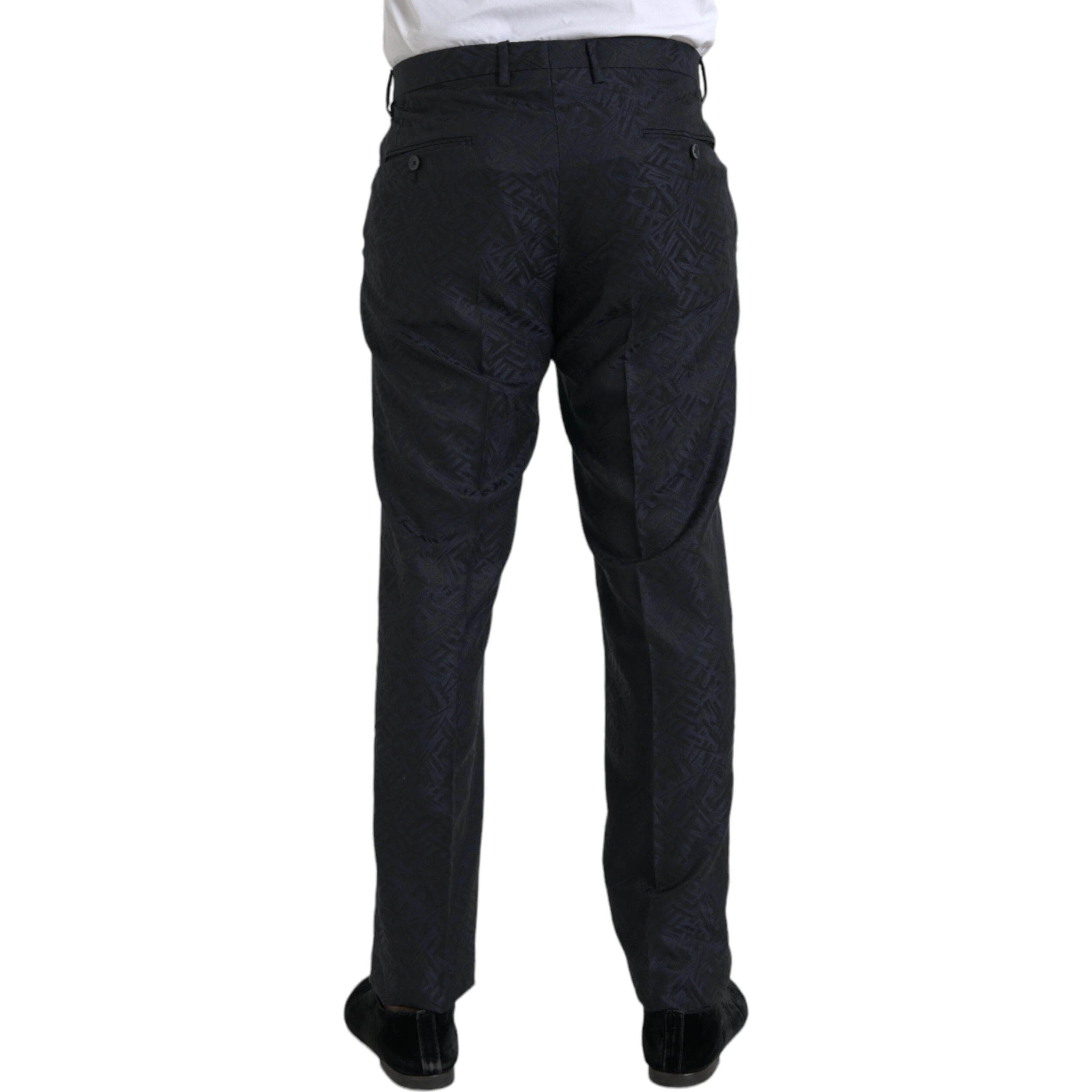 Blue Brocade Wool Skinny Men Dress Pants