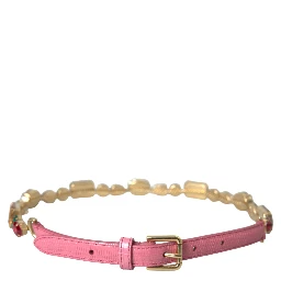 Pink Leather Crystal Chain Embellished Belt