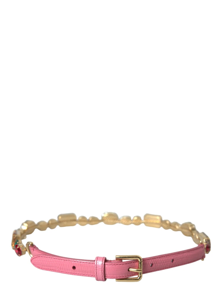 Pink Leather Crystal Chain Embellished Belt