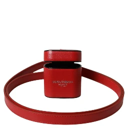 Red Calfskin Leather Logo Print Strap Men Airpods Case