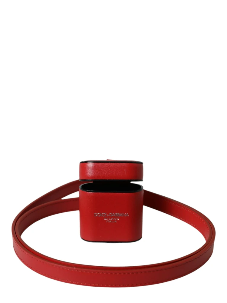 Red Calfskin Leather Logo Print Strap Men Airpods Case