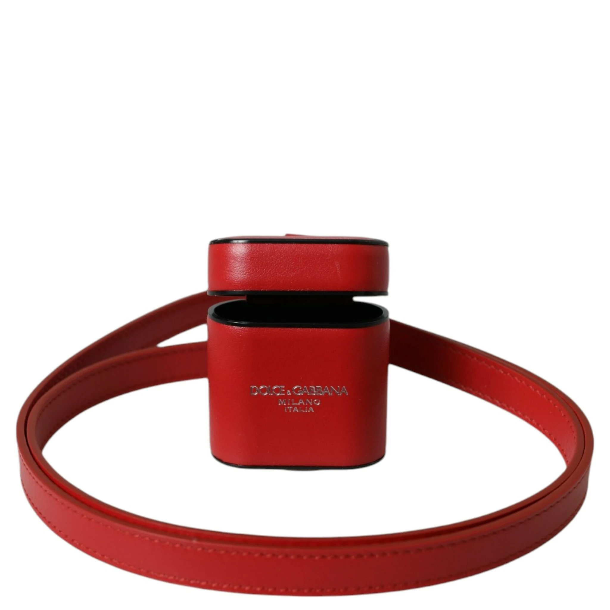 Red Calfskin Leather Logo Print Strap Men Airpods Case