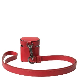 Red Calfskin Leather Logo Print Strap Men Airpods Case