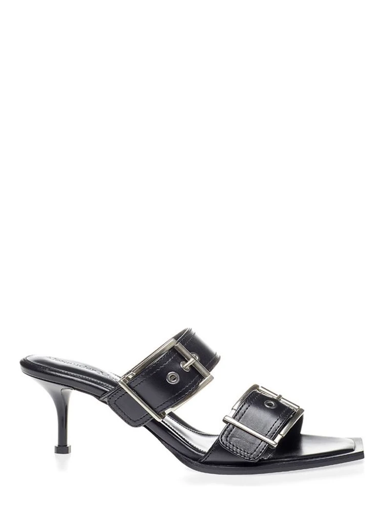 Black Leather Stiletto Heel Sandals