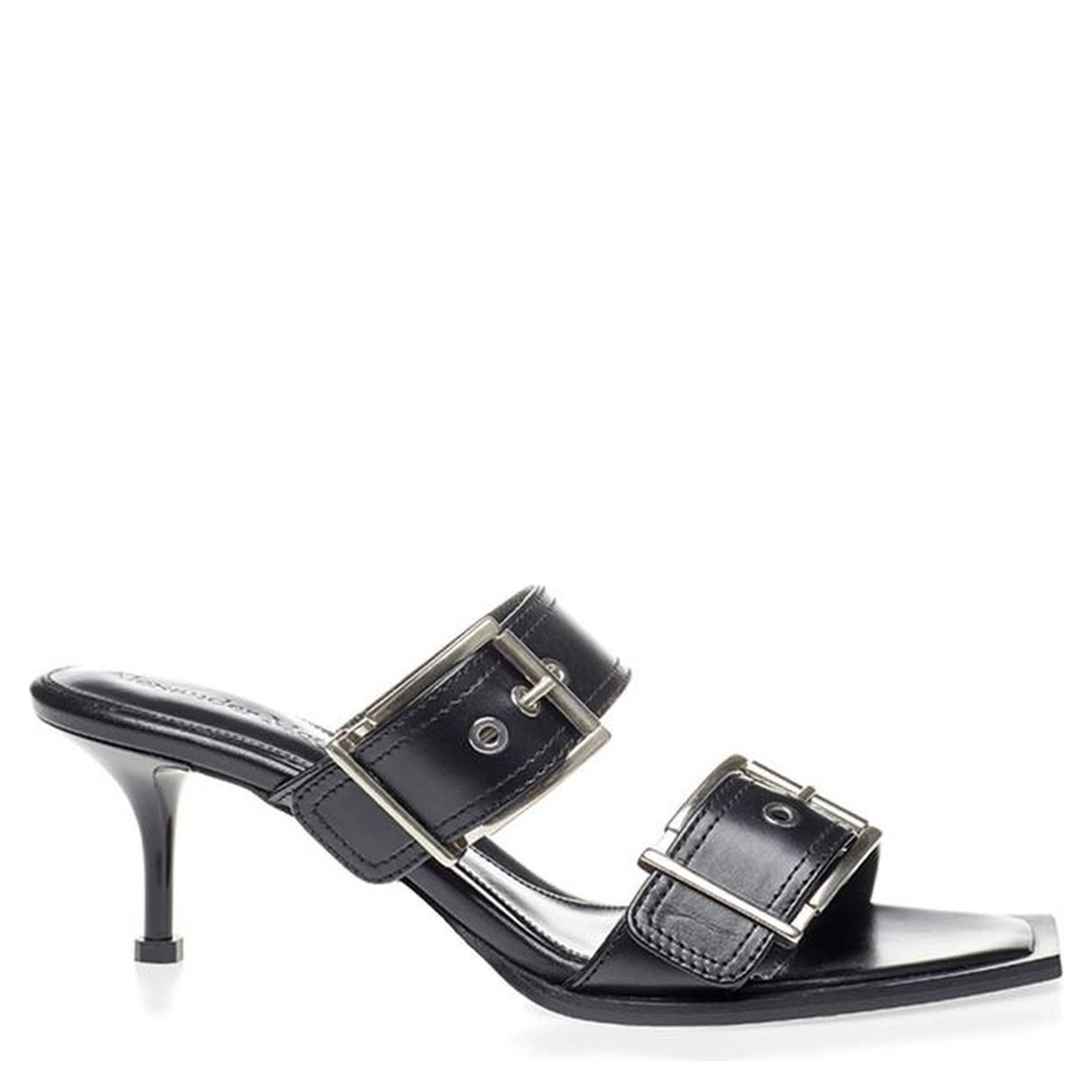 Black Leather Stiletto Heel Sandals