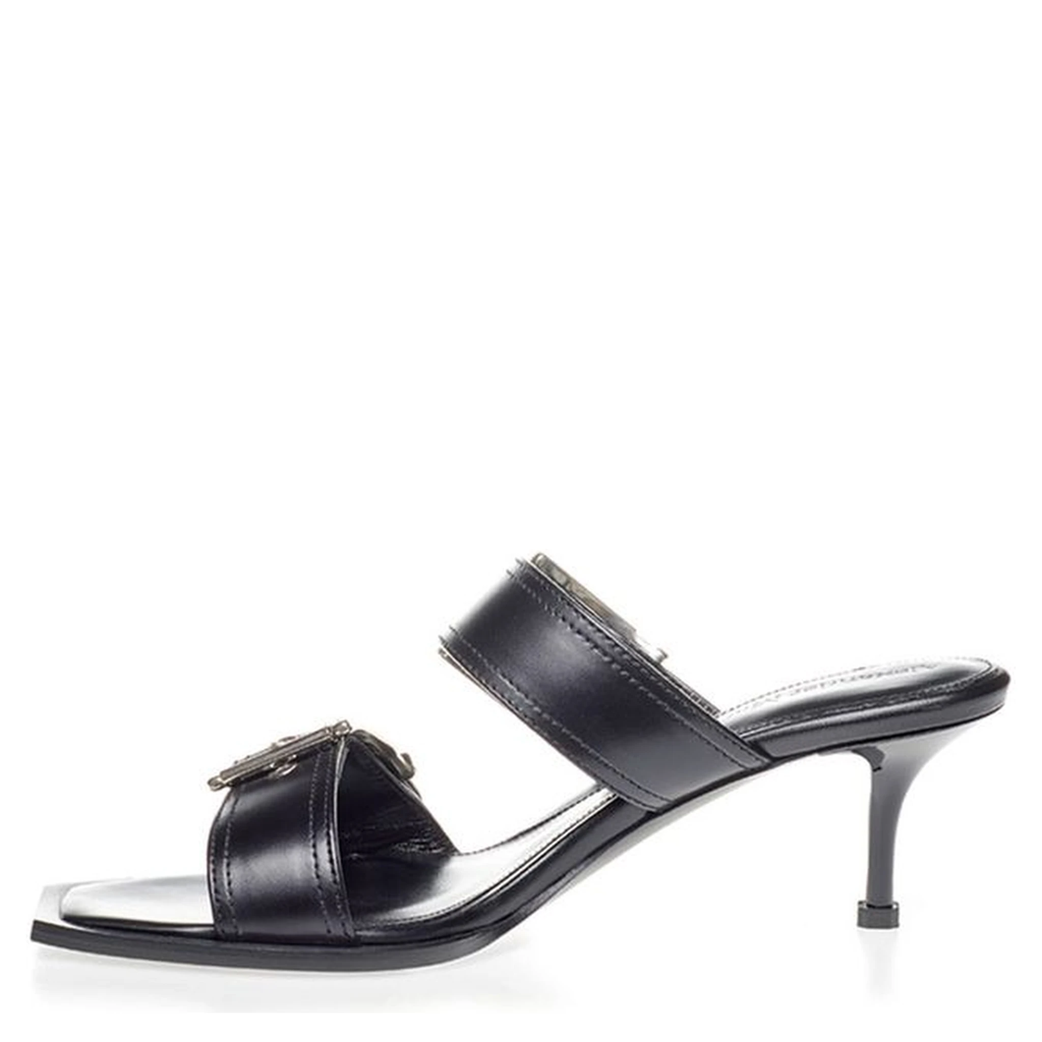Black Leather Stiletto Heel Sandals