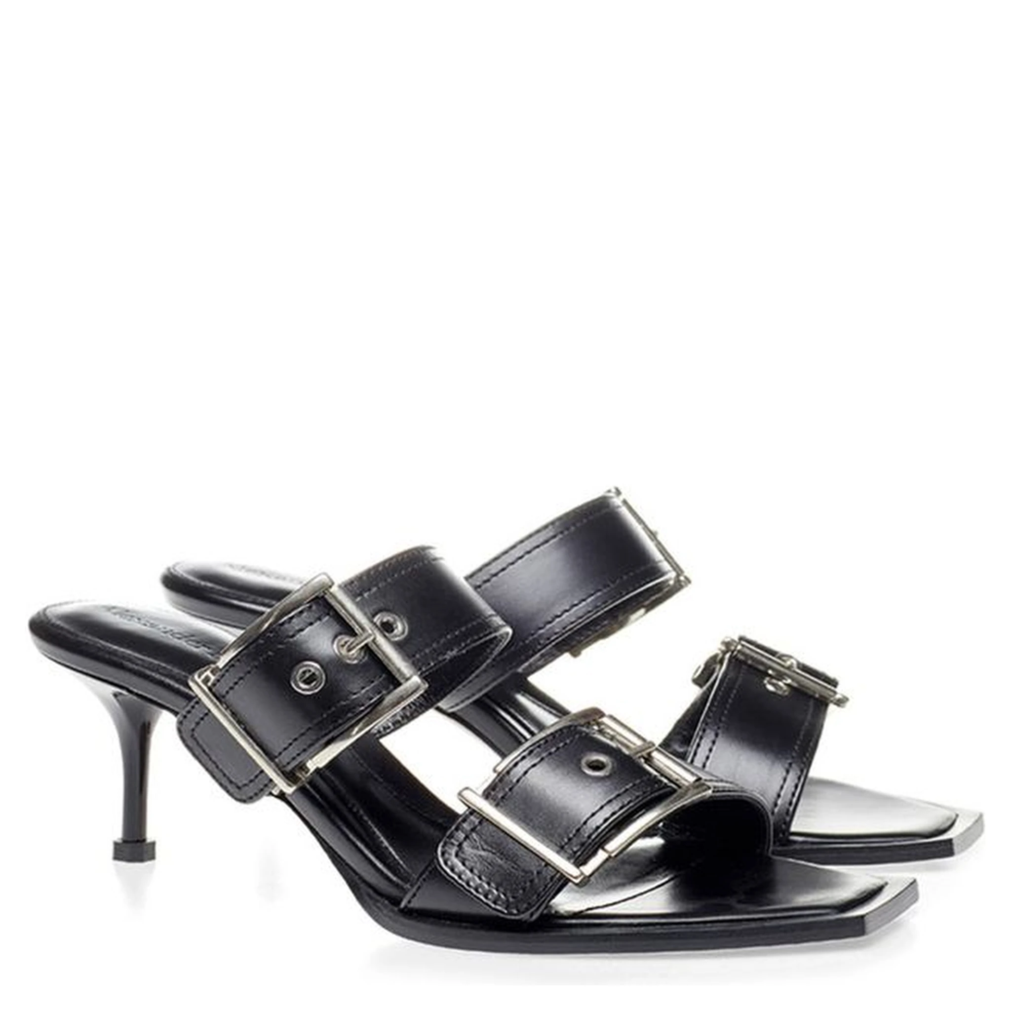 Black Leather Stiletto Heel Sandals