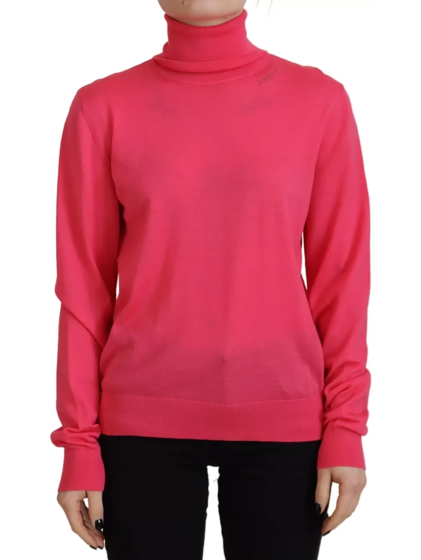Pink Solid Long Sleeve Turtle Neck Casual Sweater