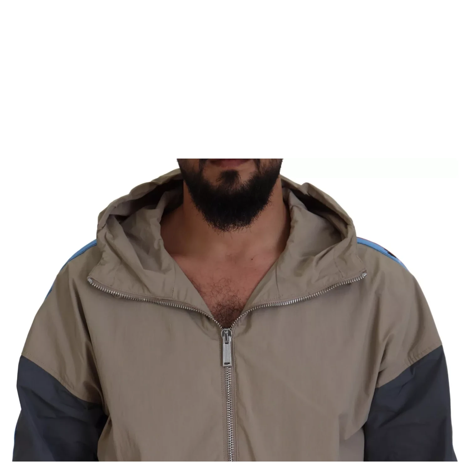 Brown Gray Sleeves Hooded Full Zip Jacket