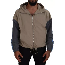 Brown Gray Sleeves Hooded Full Zip Jacket