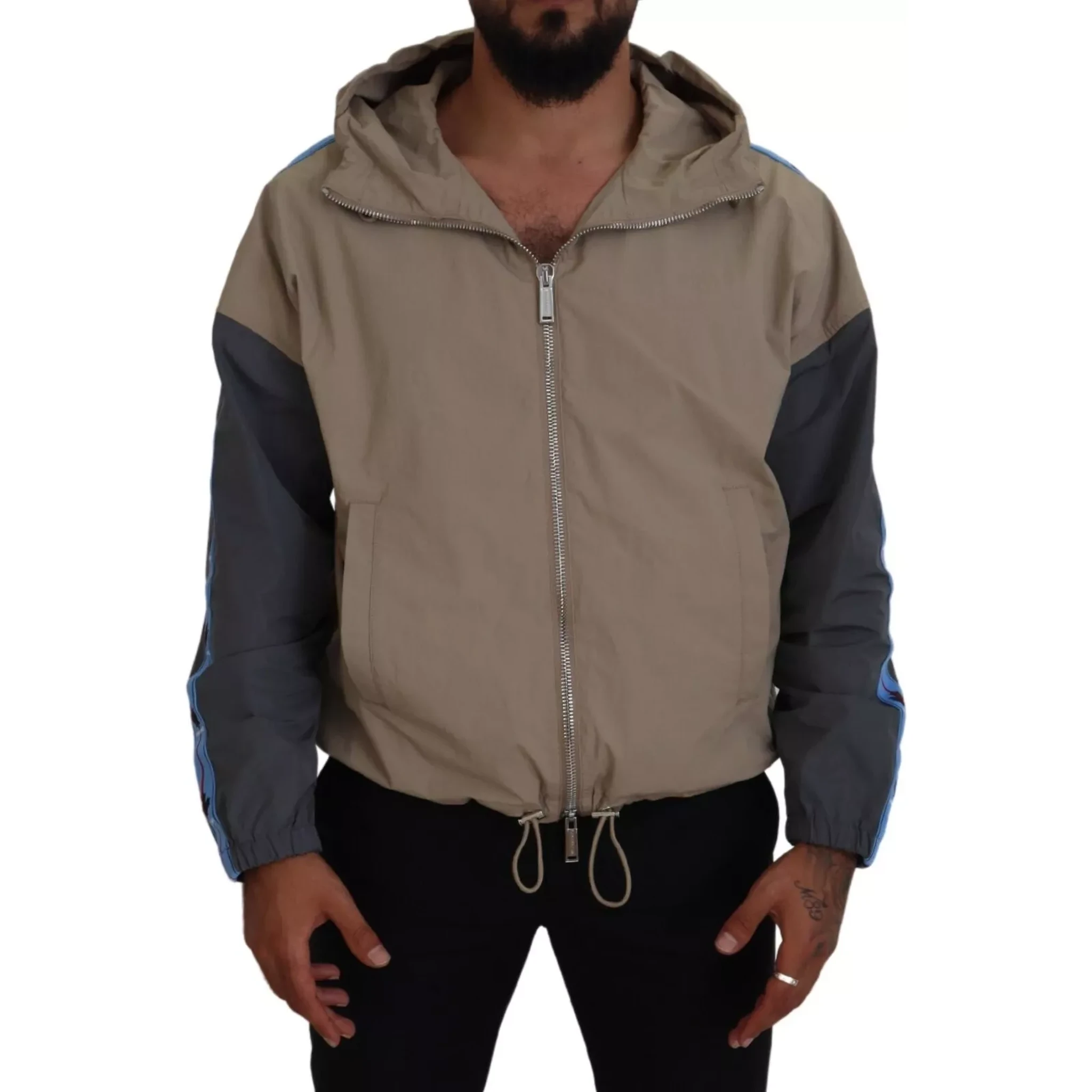 Brown Gray Sleeves Hooded Full Zip Jacket