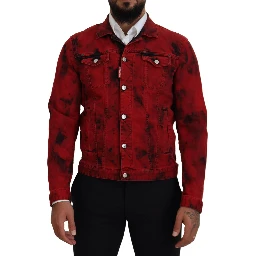 Red Black Tie Dye Collared Men Denim Jacket