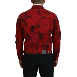 Red Black Tie Dye Collared Men Denim Jacket