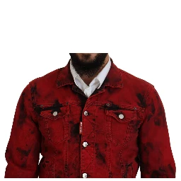 Red Black Tie Dye Collared Men Denim Jacket