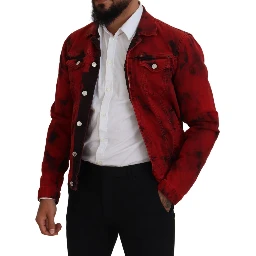 Red Black Tie Dye Collared Men Denim Jacket