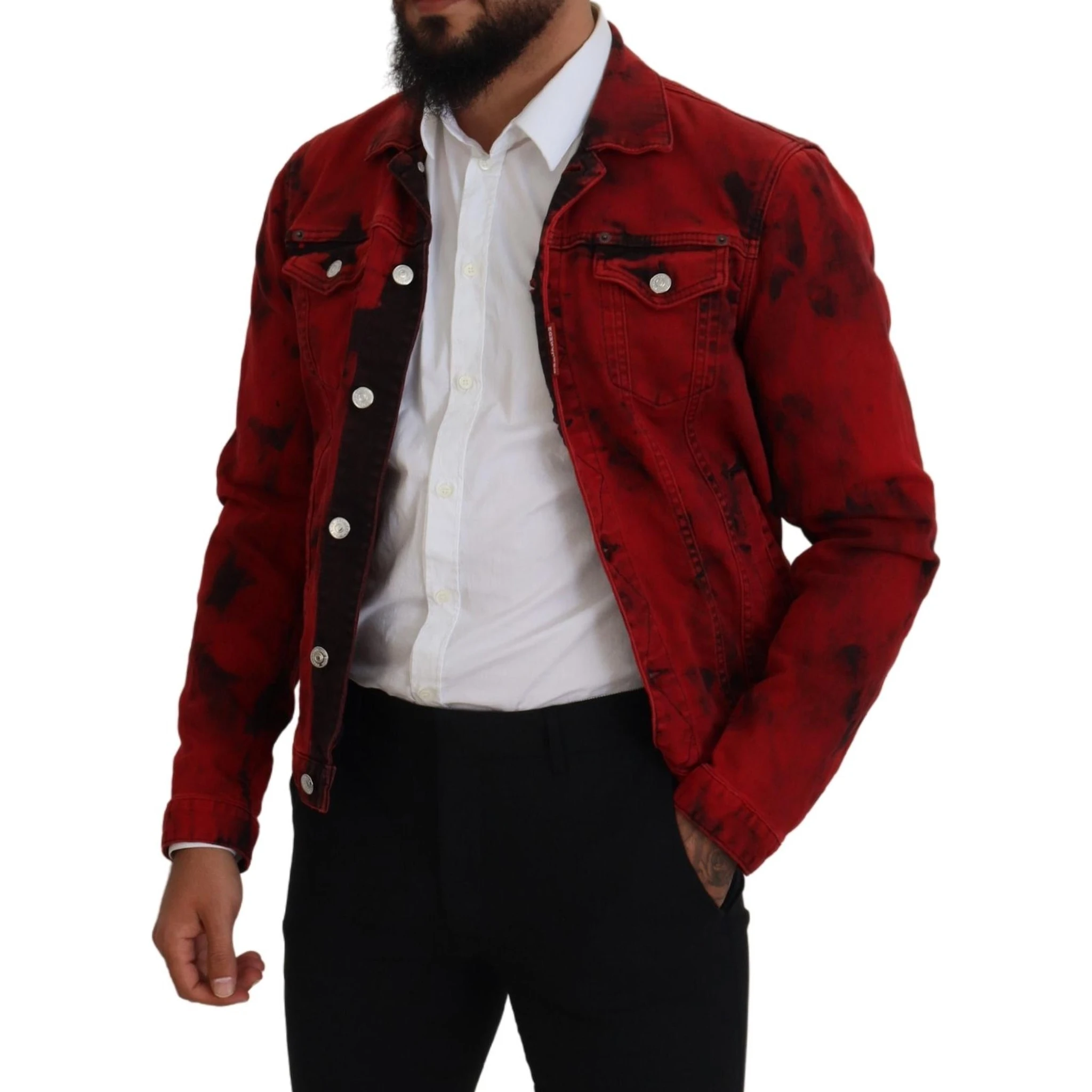 Red Black Tie Dye Collared Men Denim Jacket