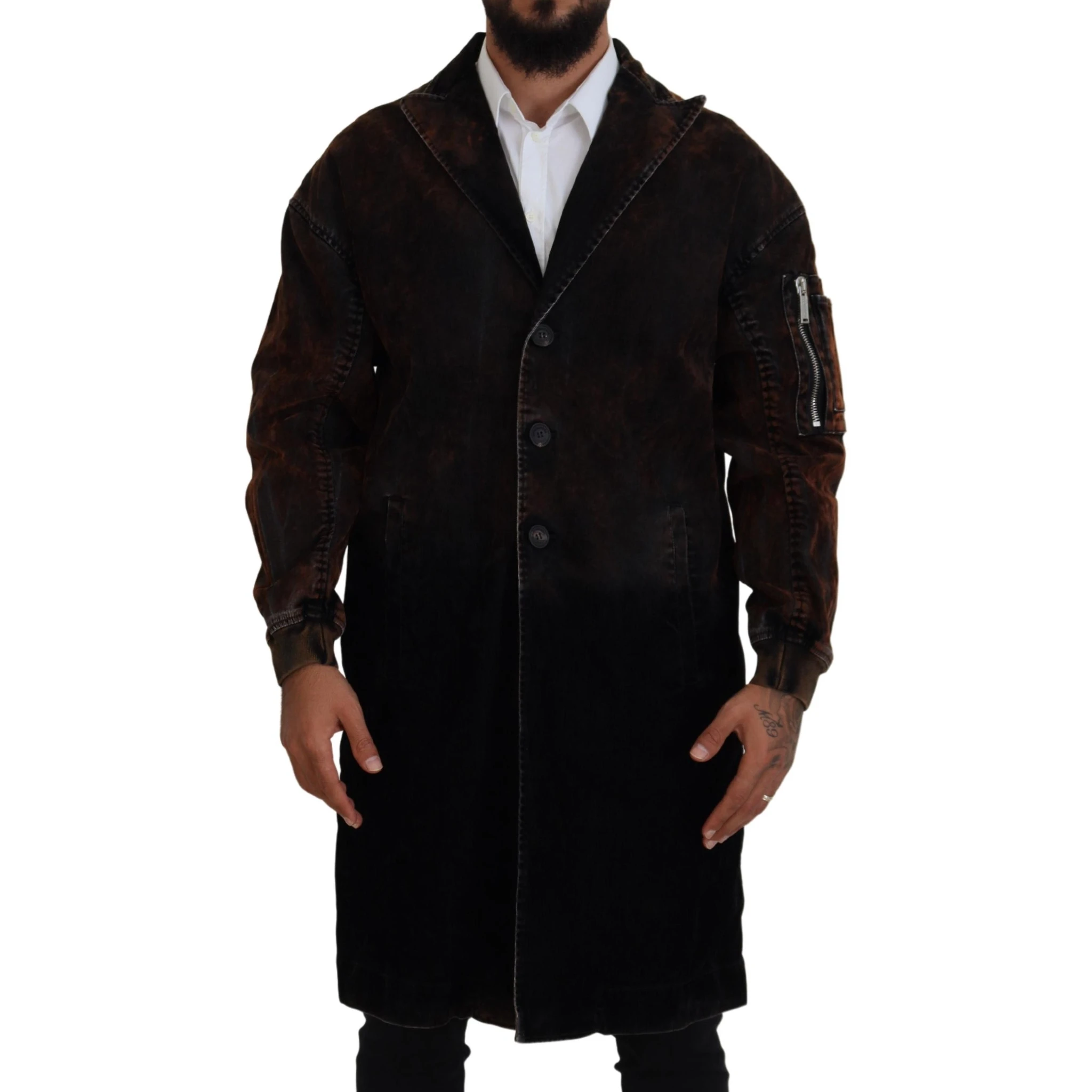 Brown Full Button Men Long Coat Cotton Jacket