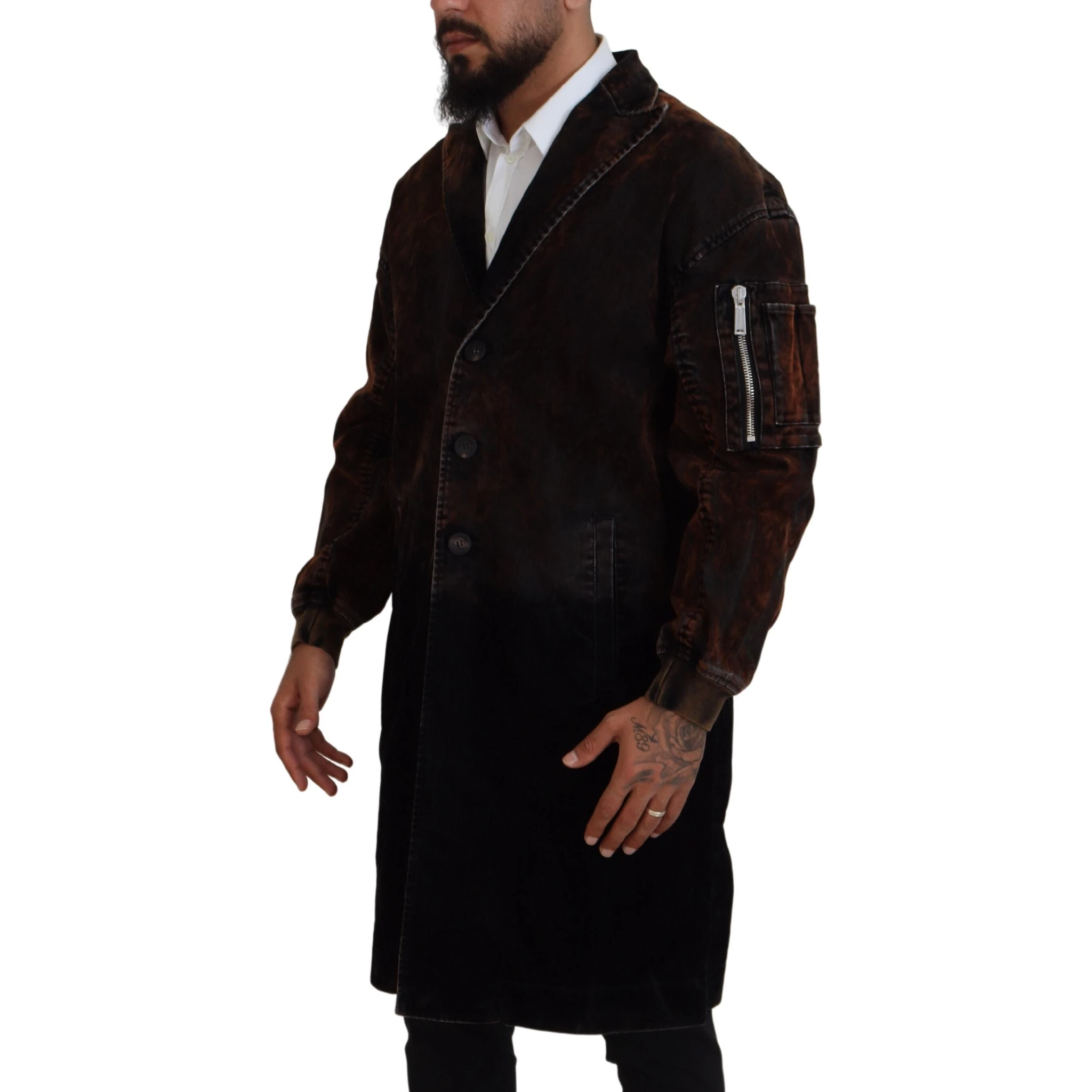 Brown Full Button Men Long Coat Cotton Jacket