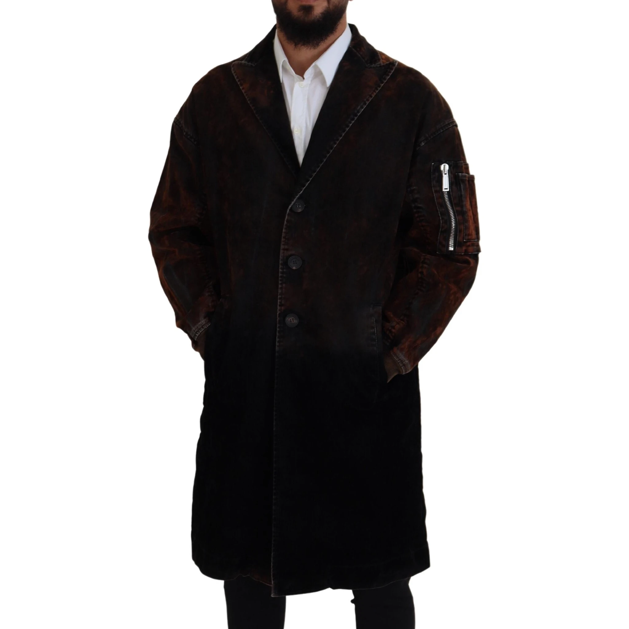 Brown Full Button Men Long Coat Cotton Jacket