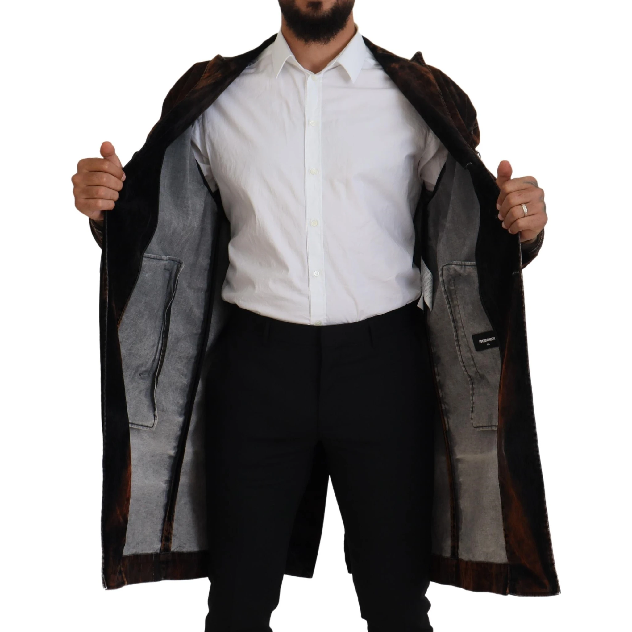 Brown Full Button Men Long Coat Cotton Jacket