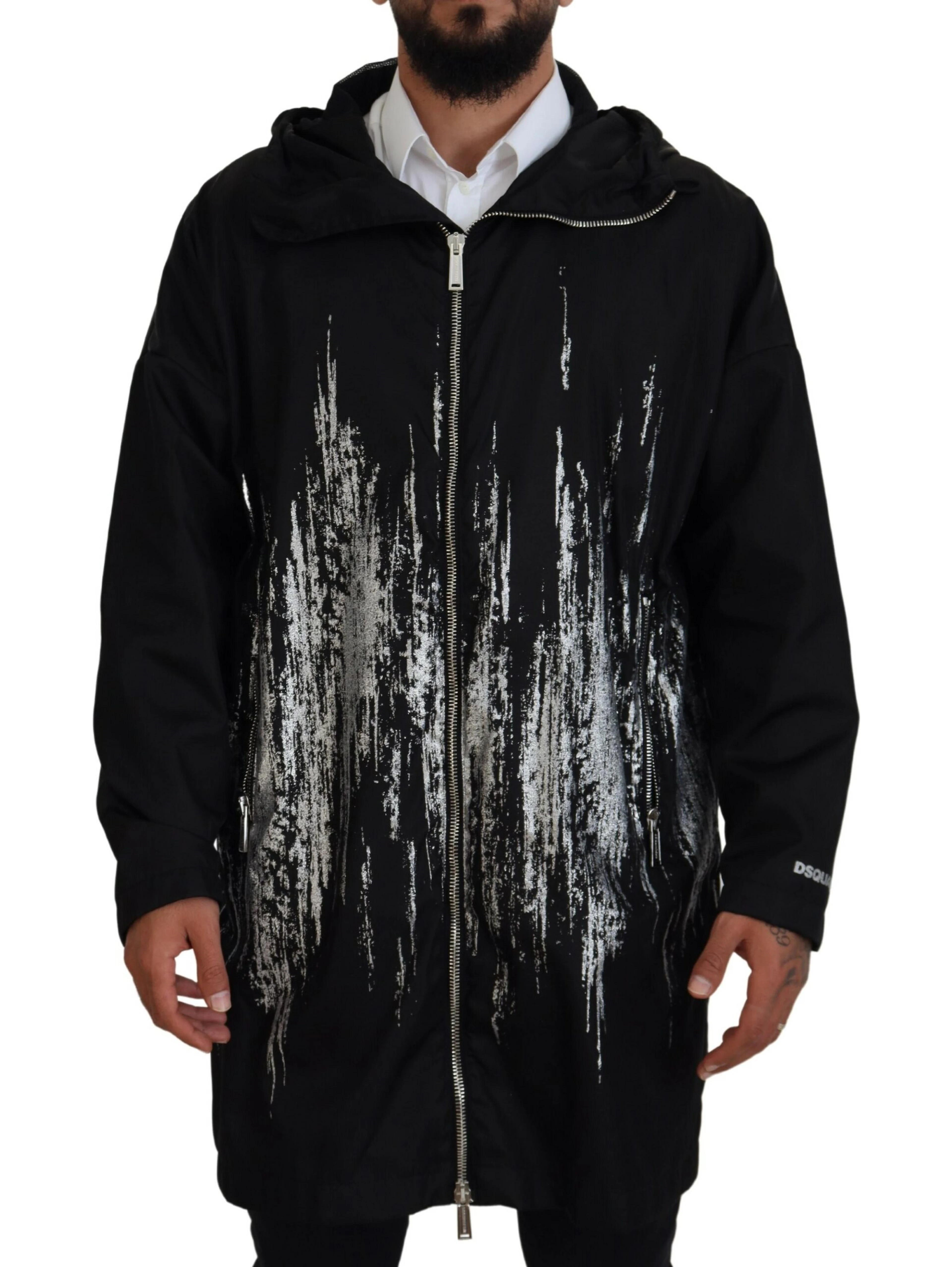 Black White Print Long Hooded Coat Nylon Jacket