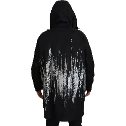 Black White Print Long Hooded Coat Nylon Jacket
