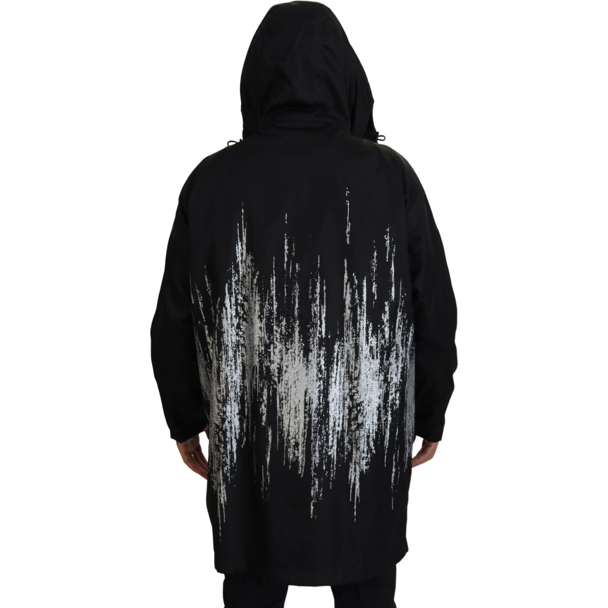 Black White Print Long Hooded Coat Nylon Jacket