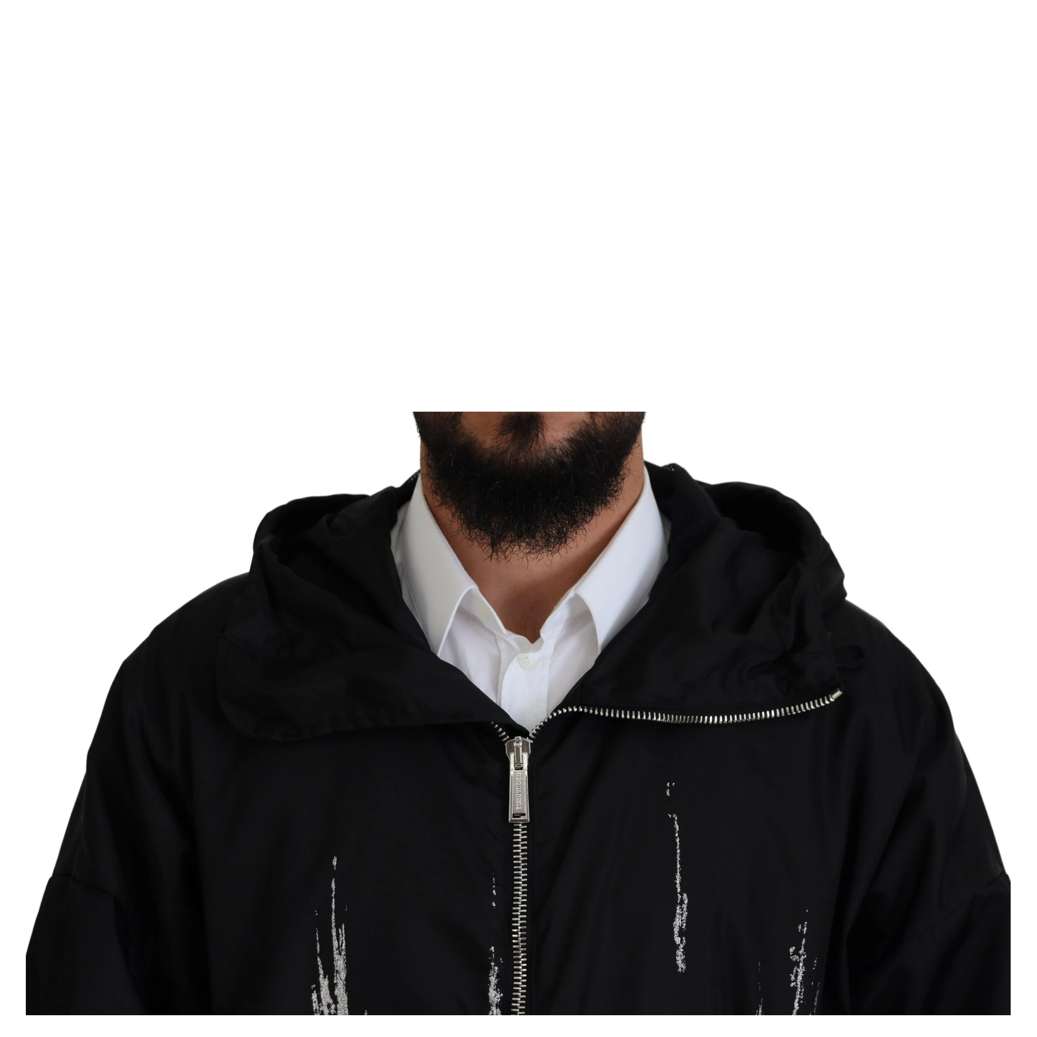 Black White Print Long Hooded Coat Nylon Jacket