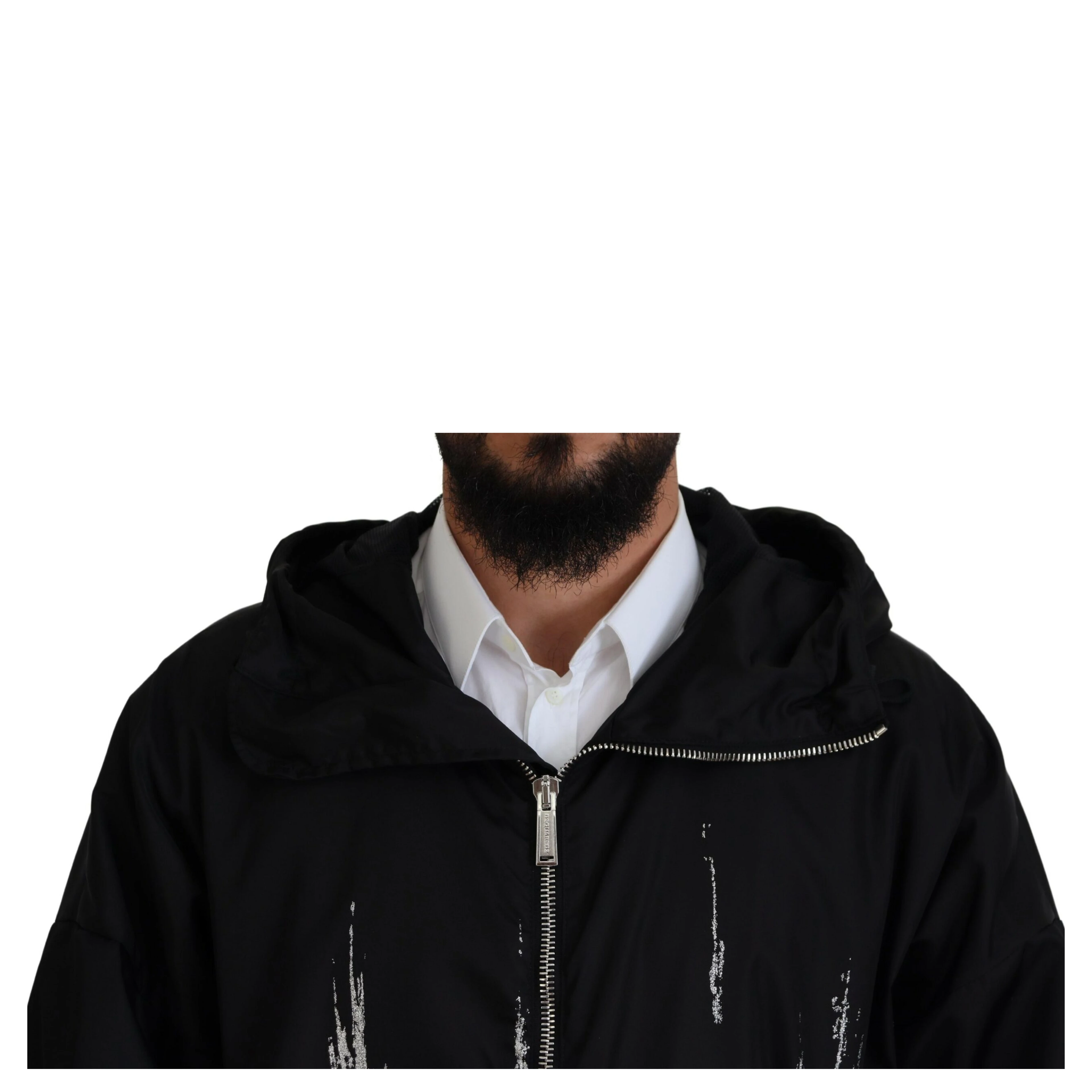 Black White Print Long Hooded Coat Nylon Jacket