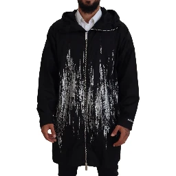Black White Print Long Hooded Coat Nylon Jacket