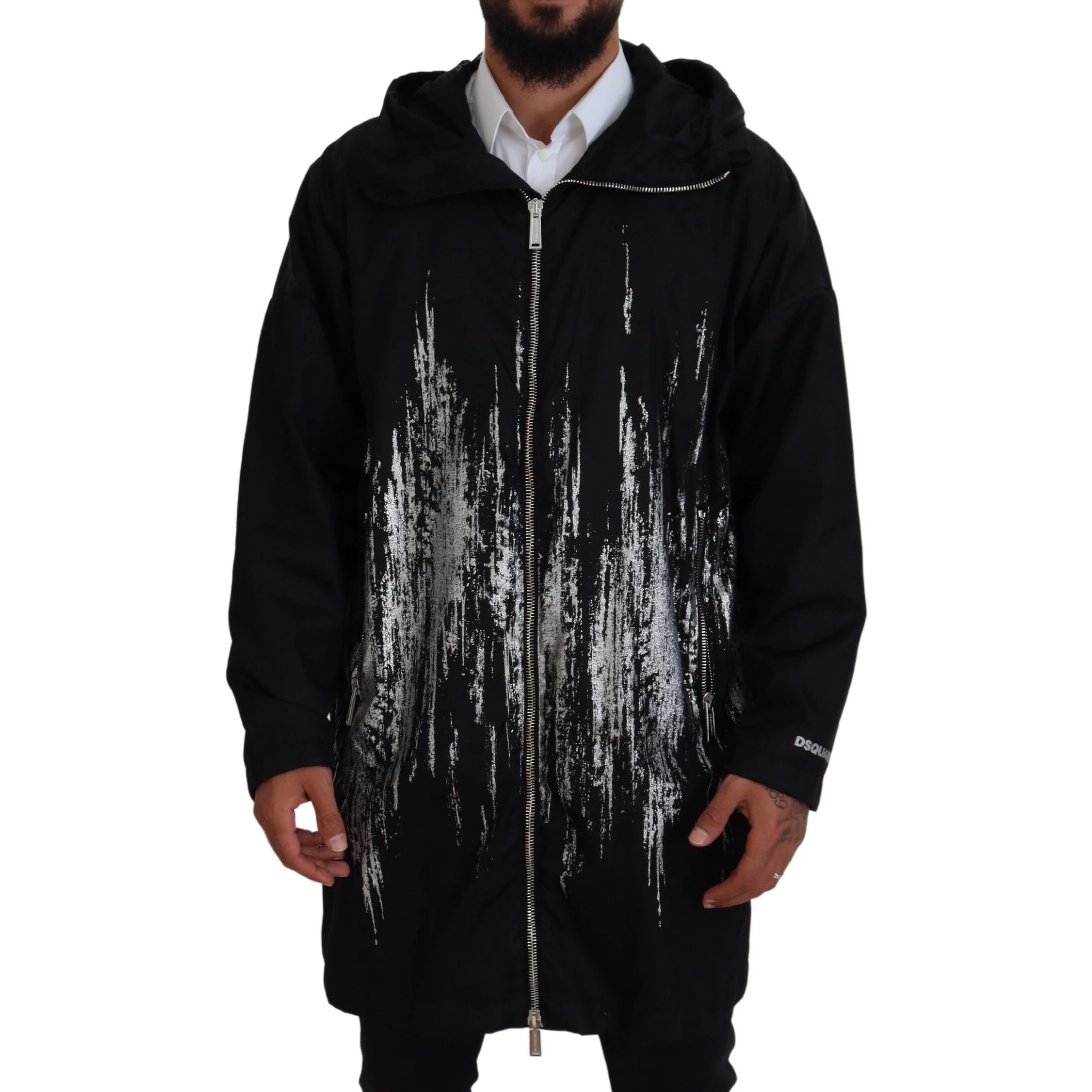Black White Print Long Hooded Coat Nylon Jacket