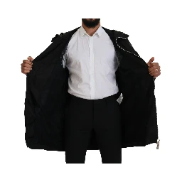 Black White Print Long Hooded Coat Nylon Jacket