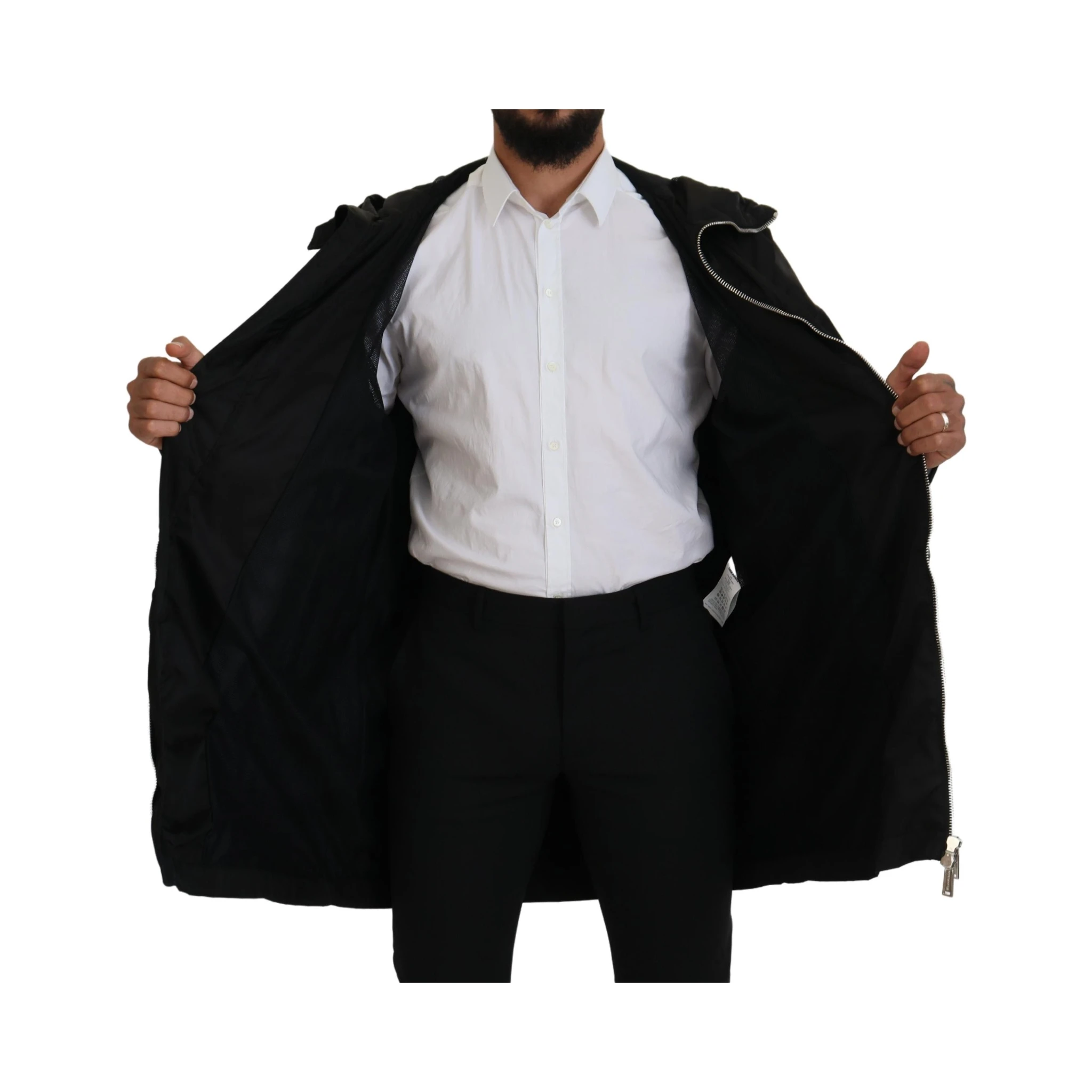 Black White Print Long Hooded Coat Nylon Jacket