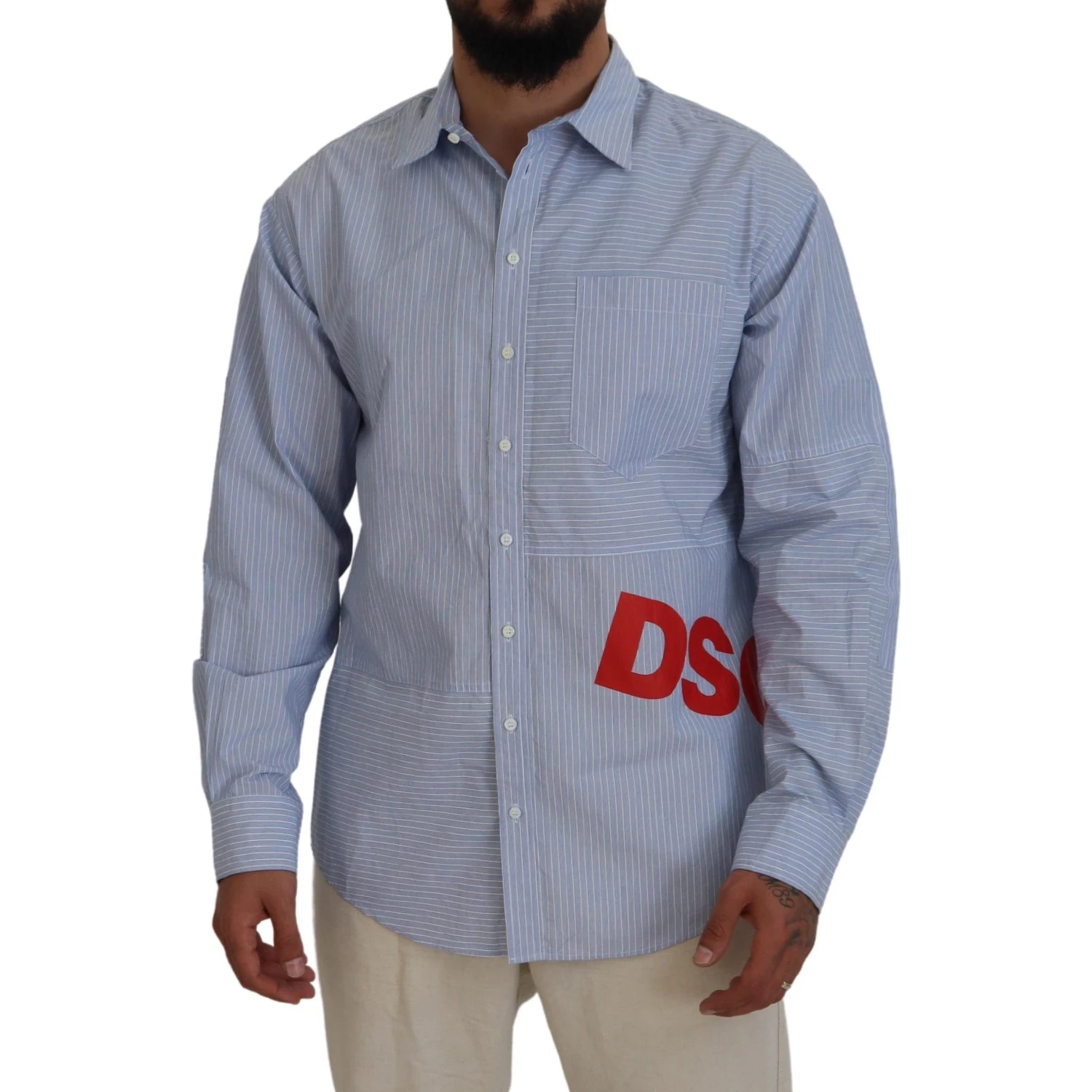 Blue Stripes Logo Print Long Sleeves Formal Shirt