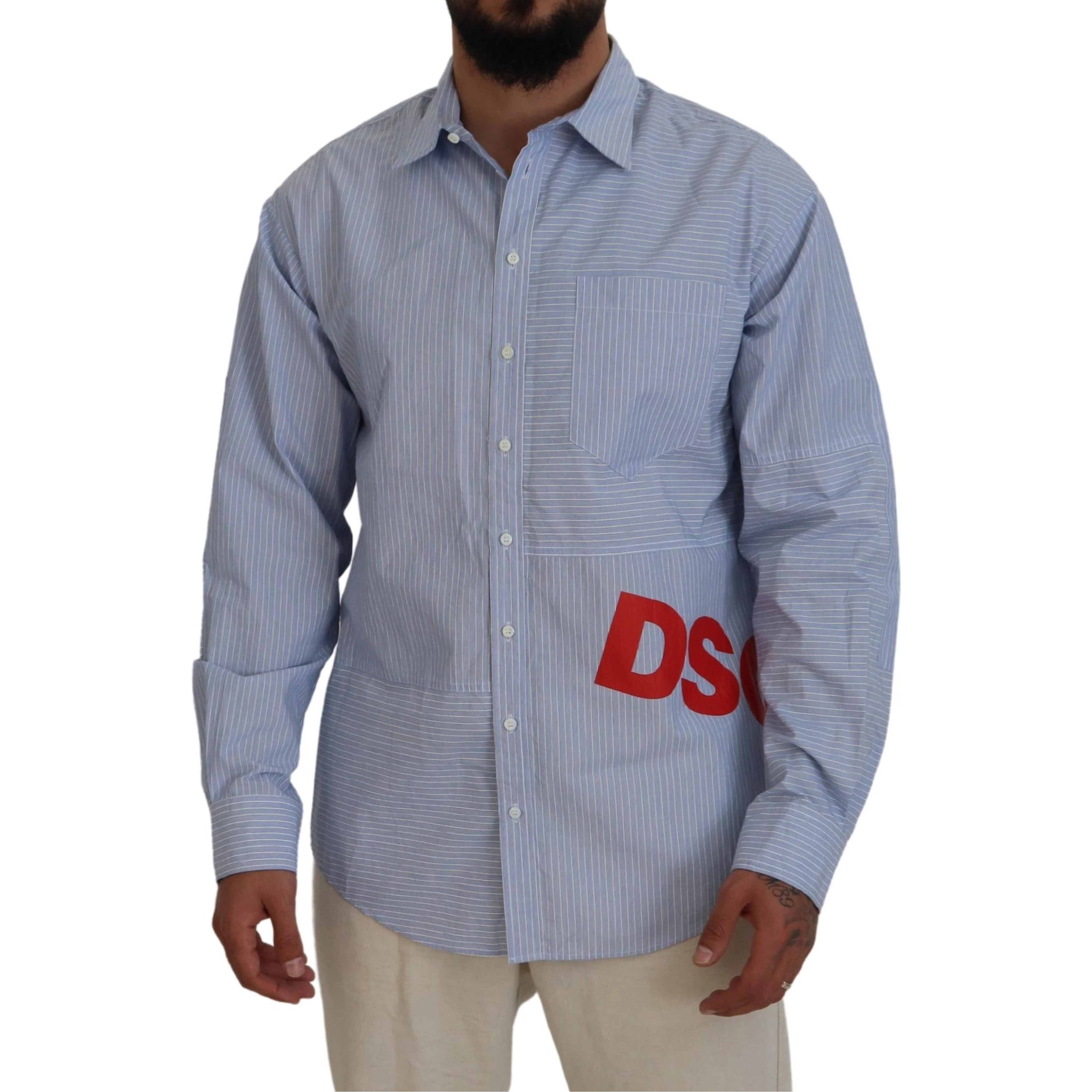 Blue Stripes Logo Print Long Sleeves Formal Shirt