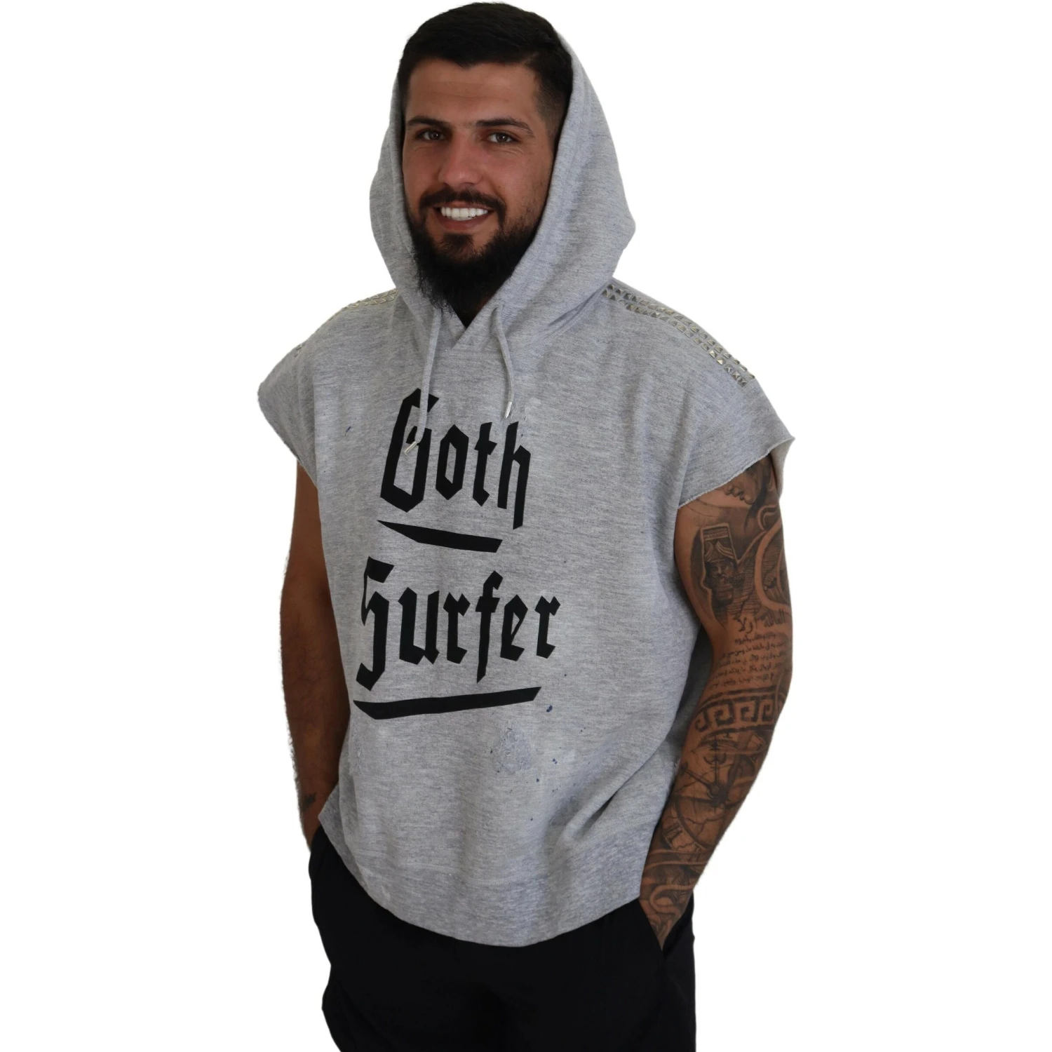 Light Gray Cotton Short Sleeves Hooded T-shirt