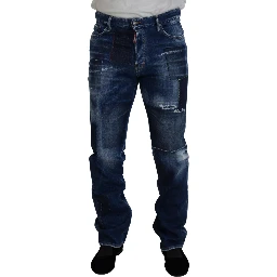 Blue Washed Patchwork Straight Fit Denim Jeans