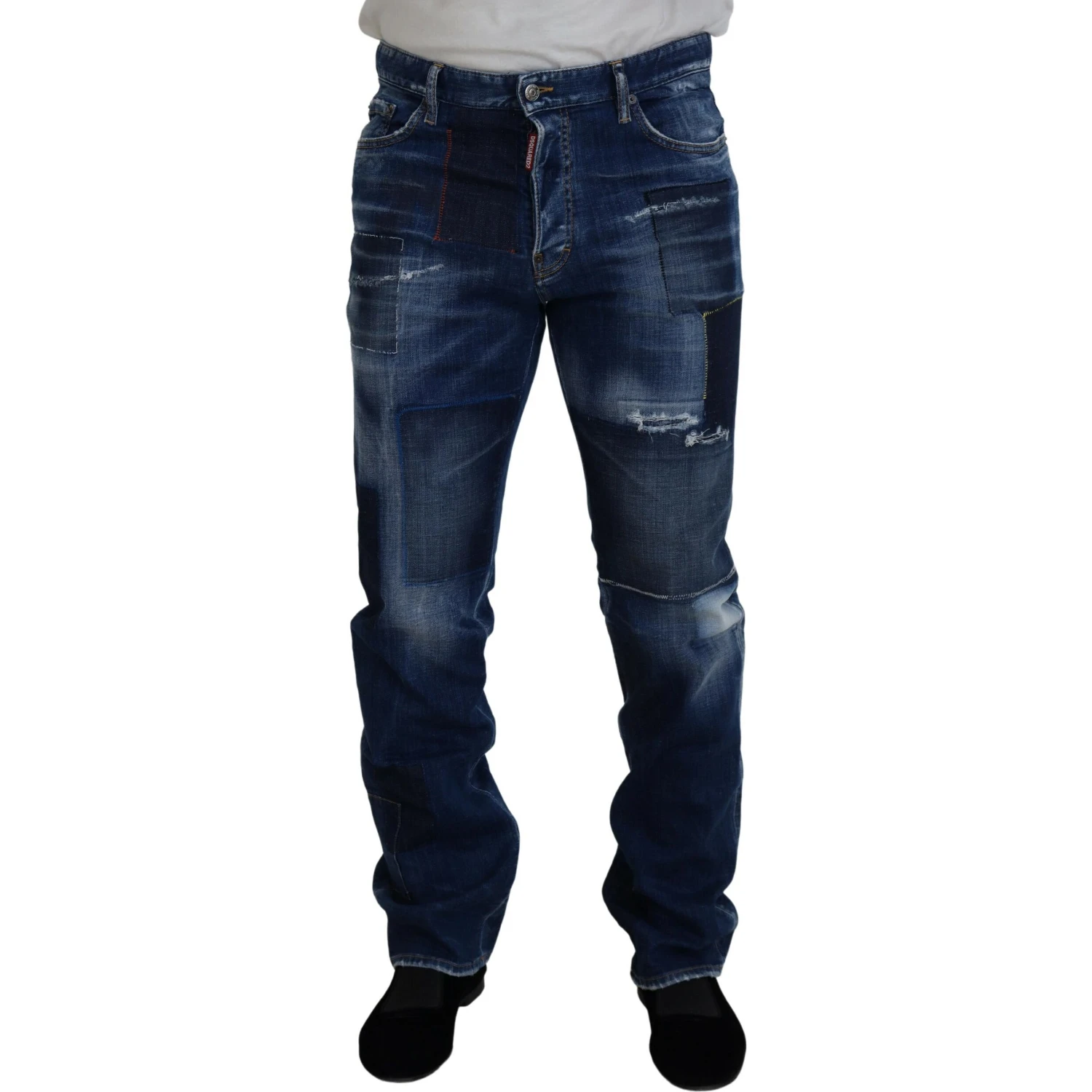 Blue Washed Patchwork Straight Fit Denim Jeans