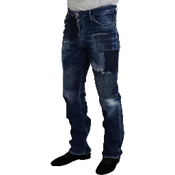 Blue Washed Patchwork Straight Fit Denim Jeans