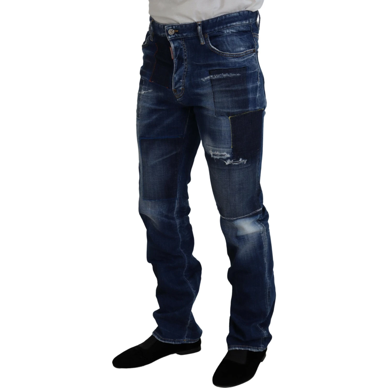 Blue Washed Patchwork Straight Fit Denim Jeans