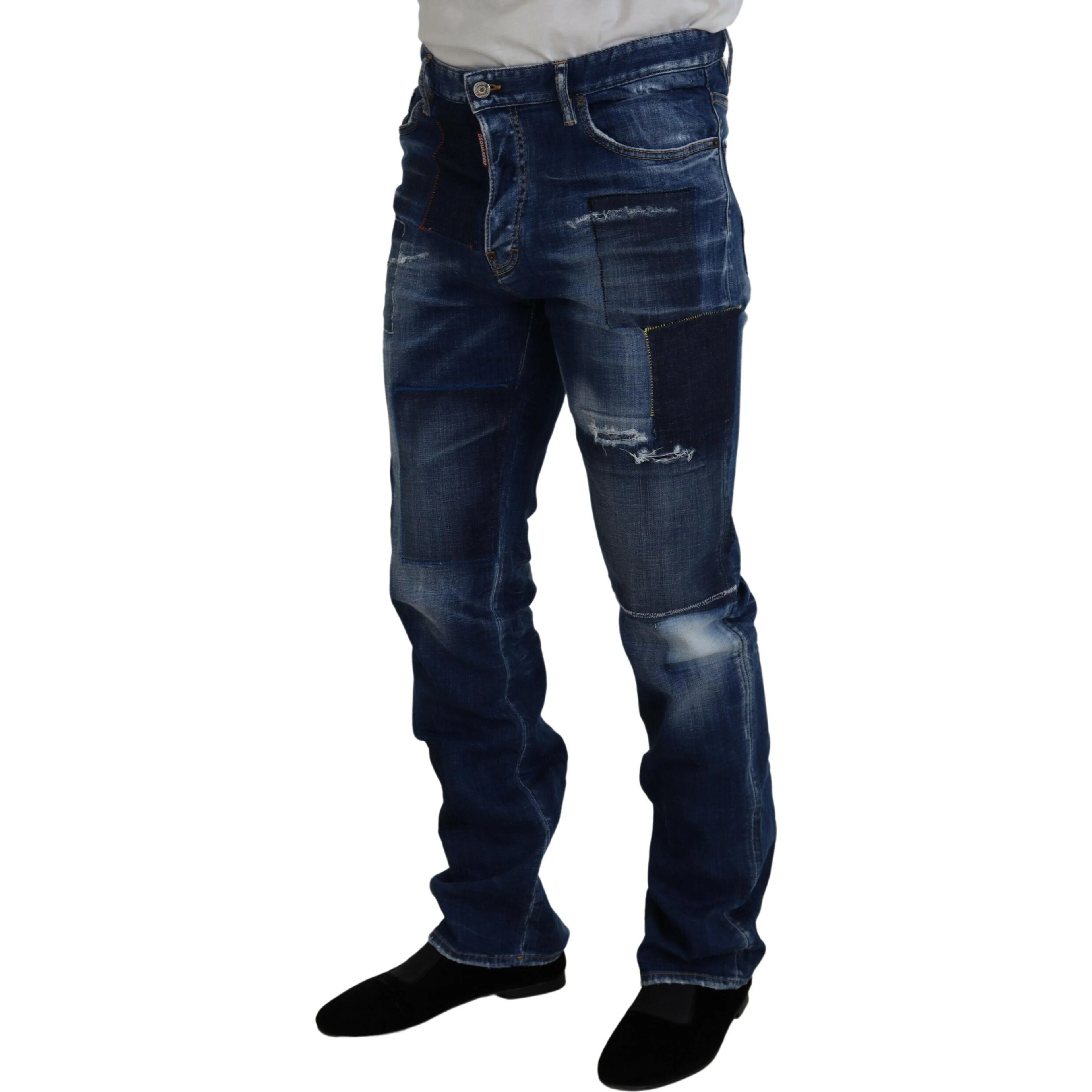 Blue Washed Patchwork Straight Fit Denim Jeans