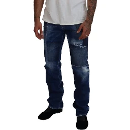 Blue Washed Patchwork Straight Fit Denim Jeans