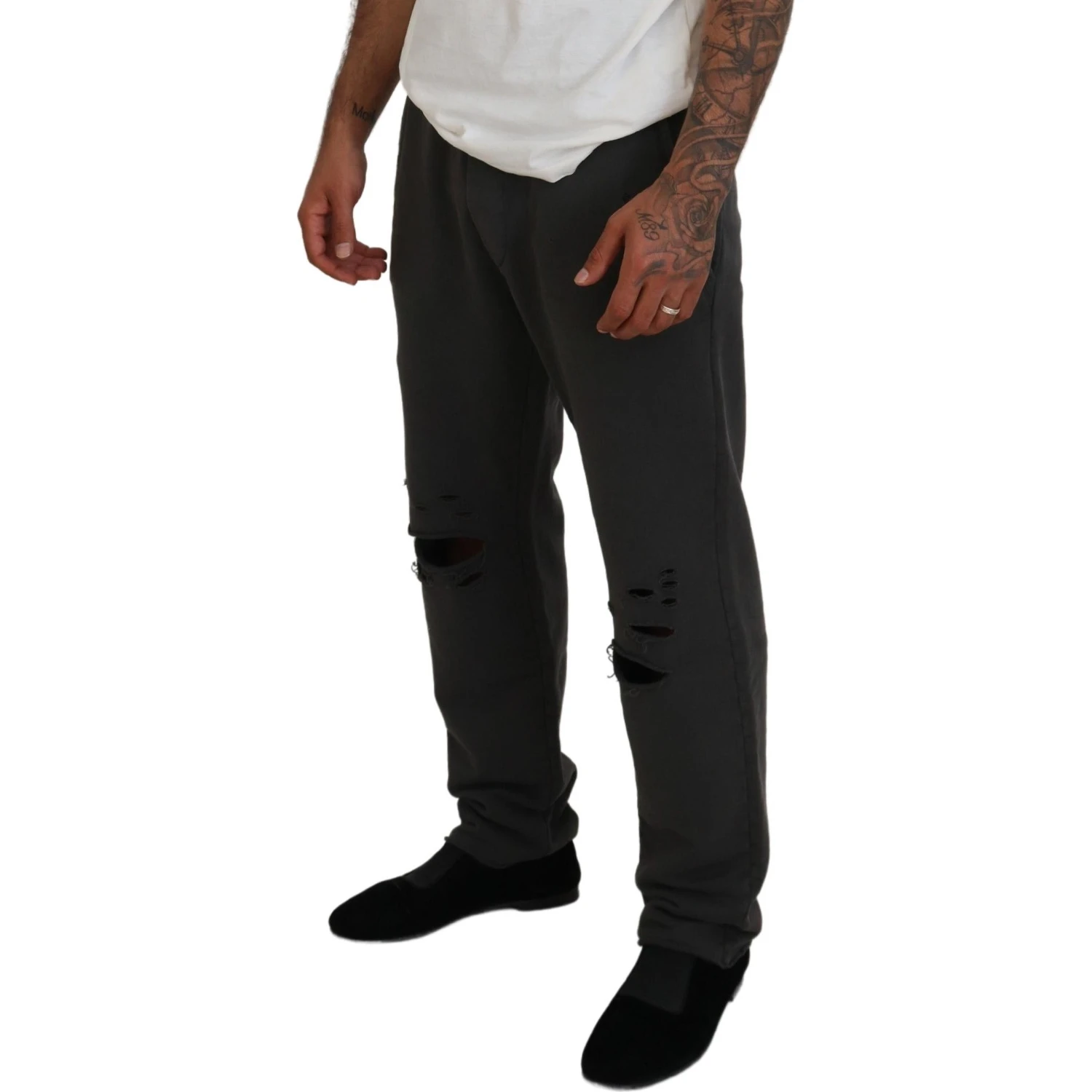 Dark Gray Cotton Men Casual Tattered Pants