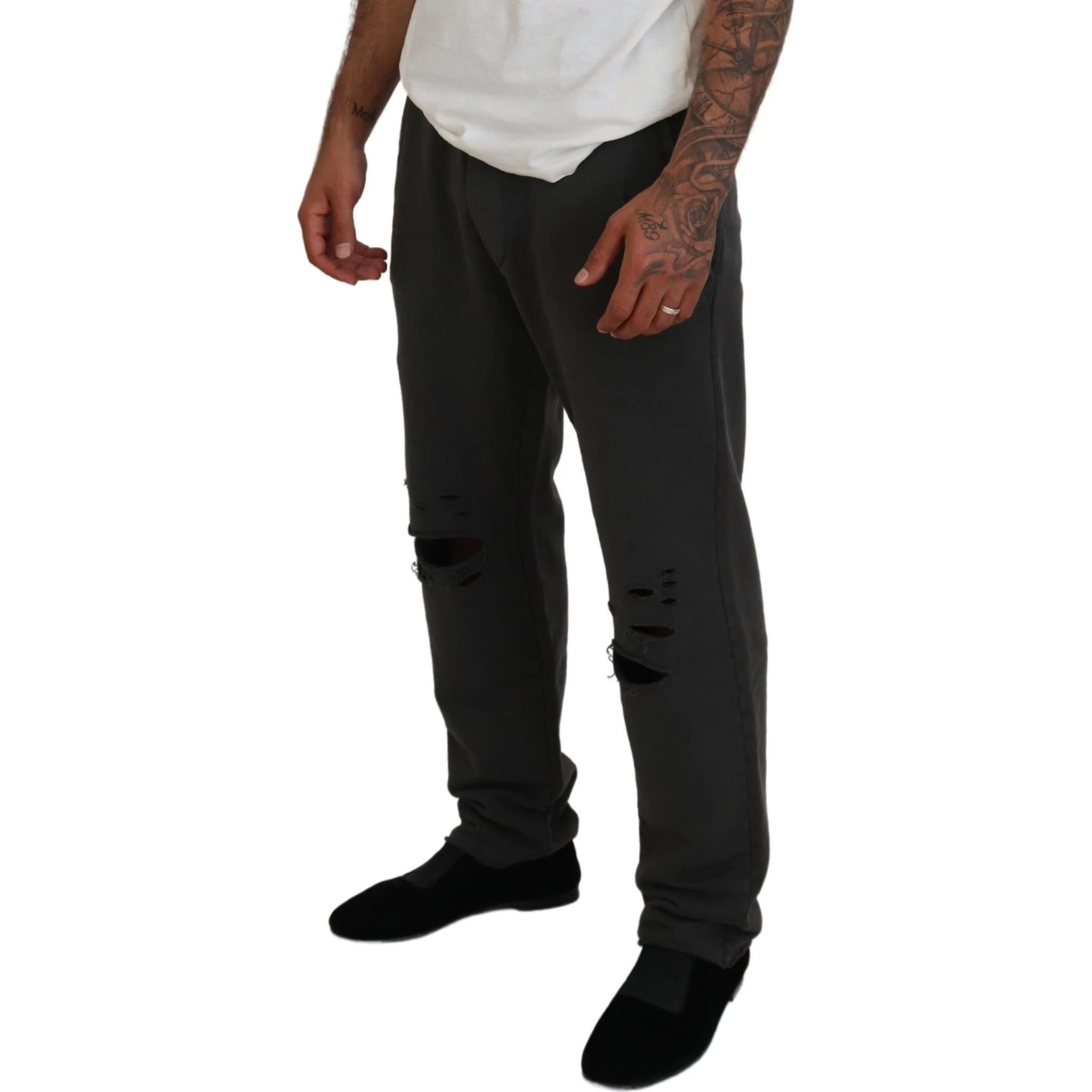 Dark Gray Cotton Men Casual Tattered Pants