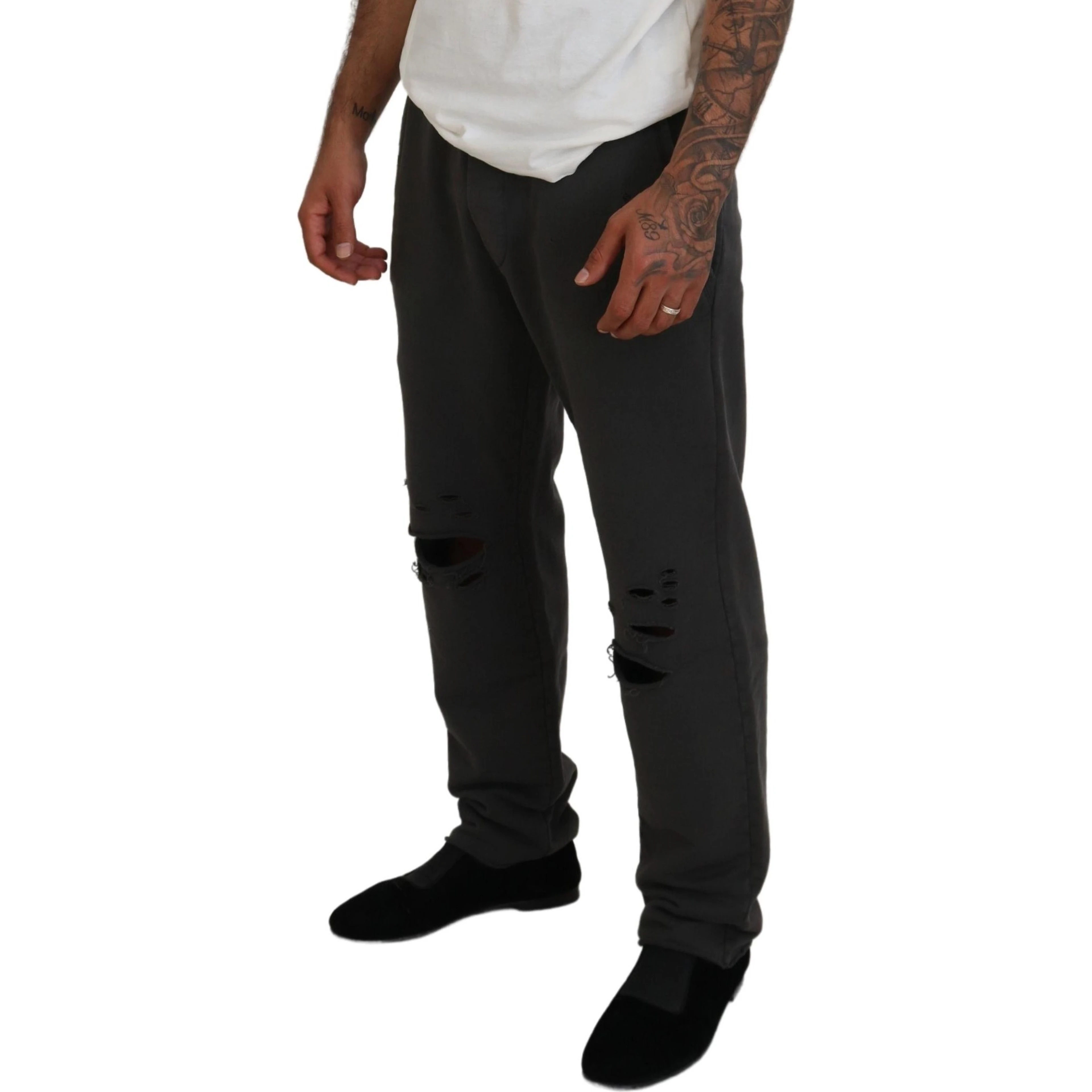 Dark Gray Cotton Men Casual Tattered Pants