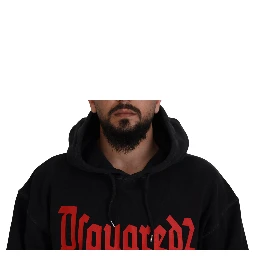 Black Cotton Hooded Printed Men Pullover Sweater