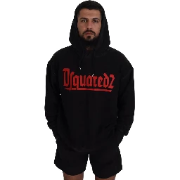 Black Cotton Hooded Printed Men Pullover Sweater