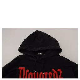 Black Cotton Hooded Printed Men Pullover Sweater