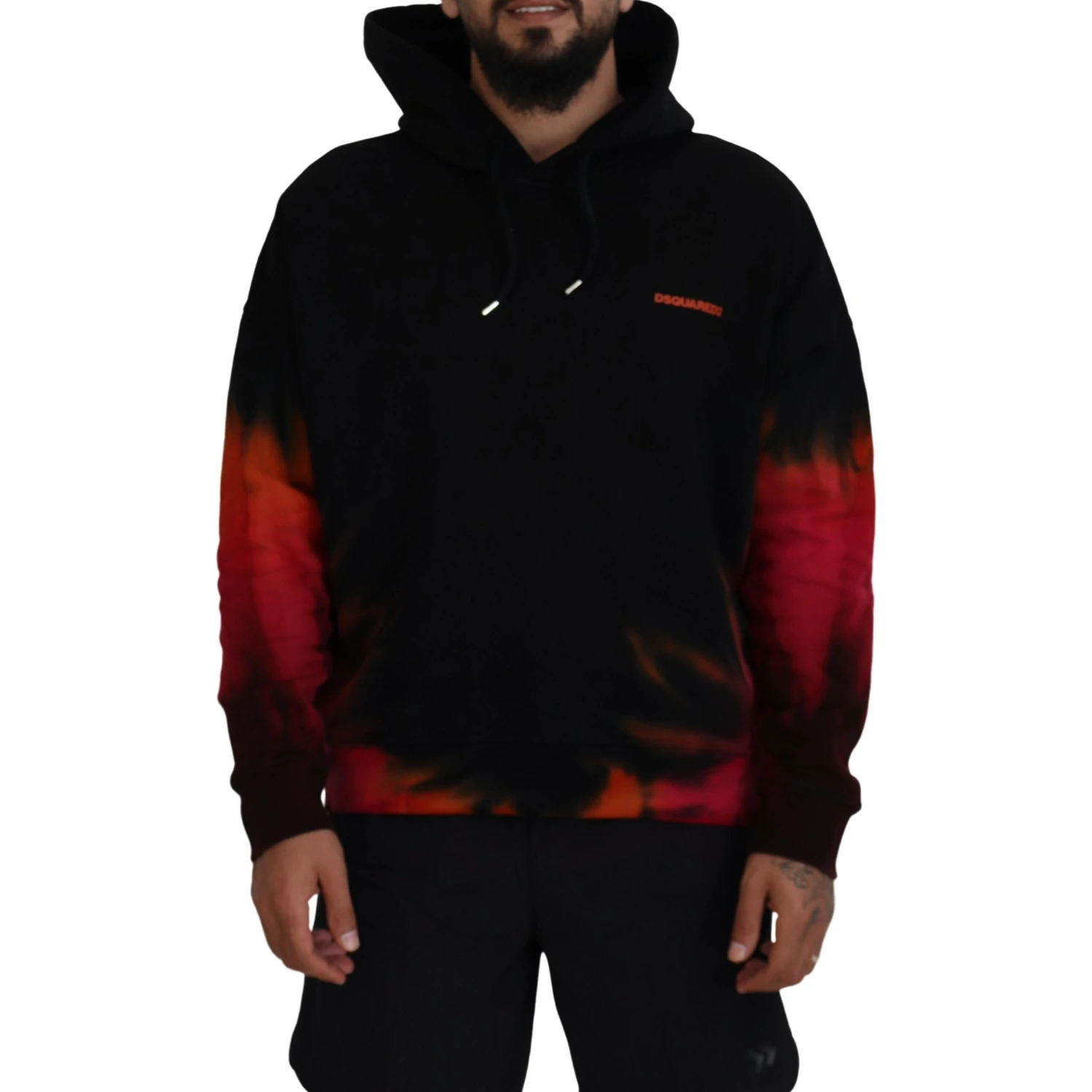 Black Red Cotton Hooded Tie Dye Pullover Sweater